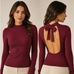 NWT NBD Sweater Top Knit Women Small‎ Burgundy Open Back Bow Tie Mock Neck